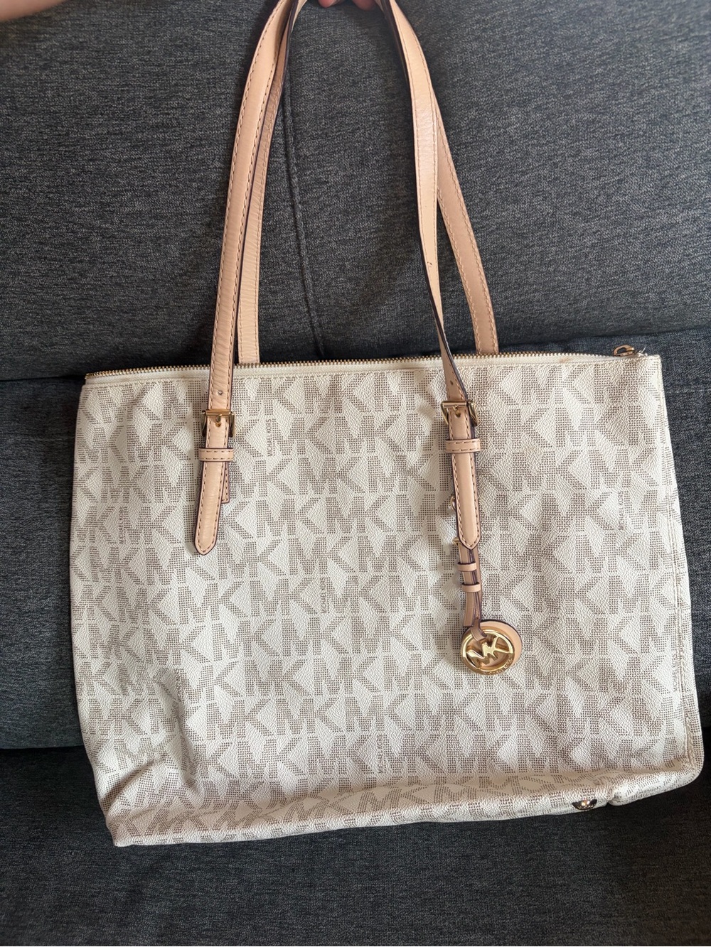 Michael Kors Beige Logo Tote with beige straps and Gold Charm